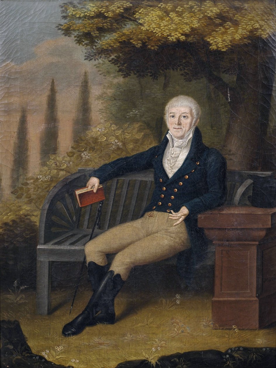 Portræt af boghandleren Christian Gottlob Ebner (1755-1821) fra Ulm på en bænk i en park af Unbekannt Unbekannt
