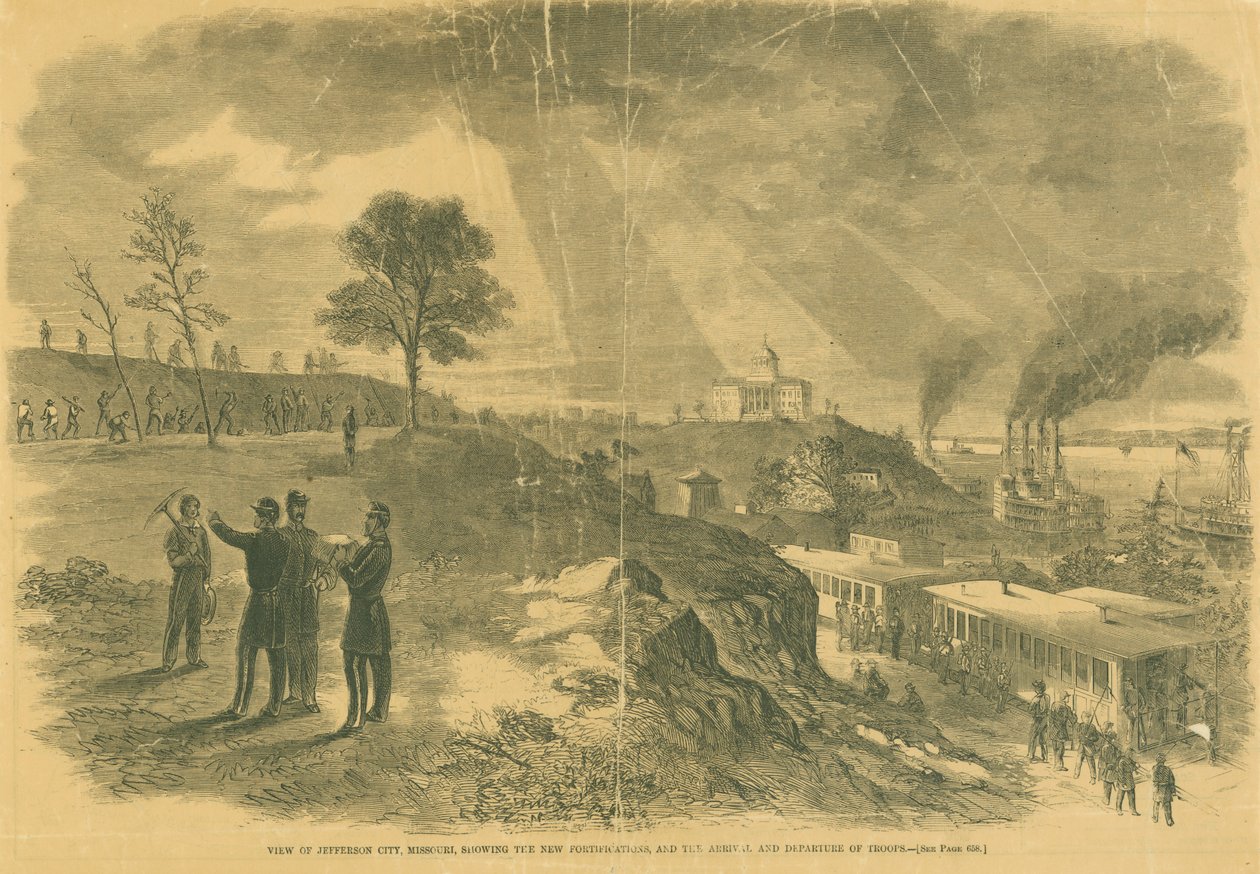 Udsigt over Jefferson City, Missouri, der viser de nye befæstninger og troppernes ankomst og afgang. af Unbekannt Unbekannt