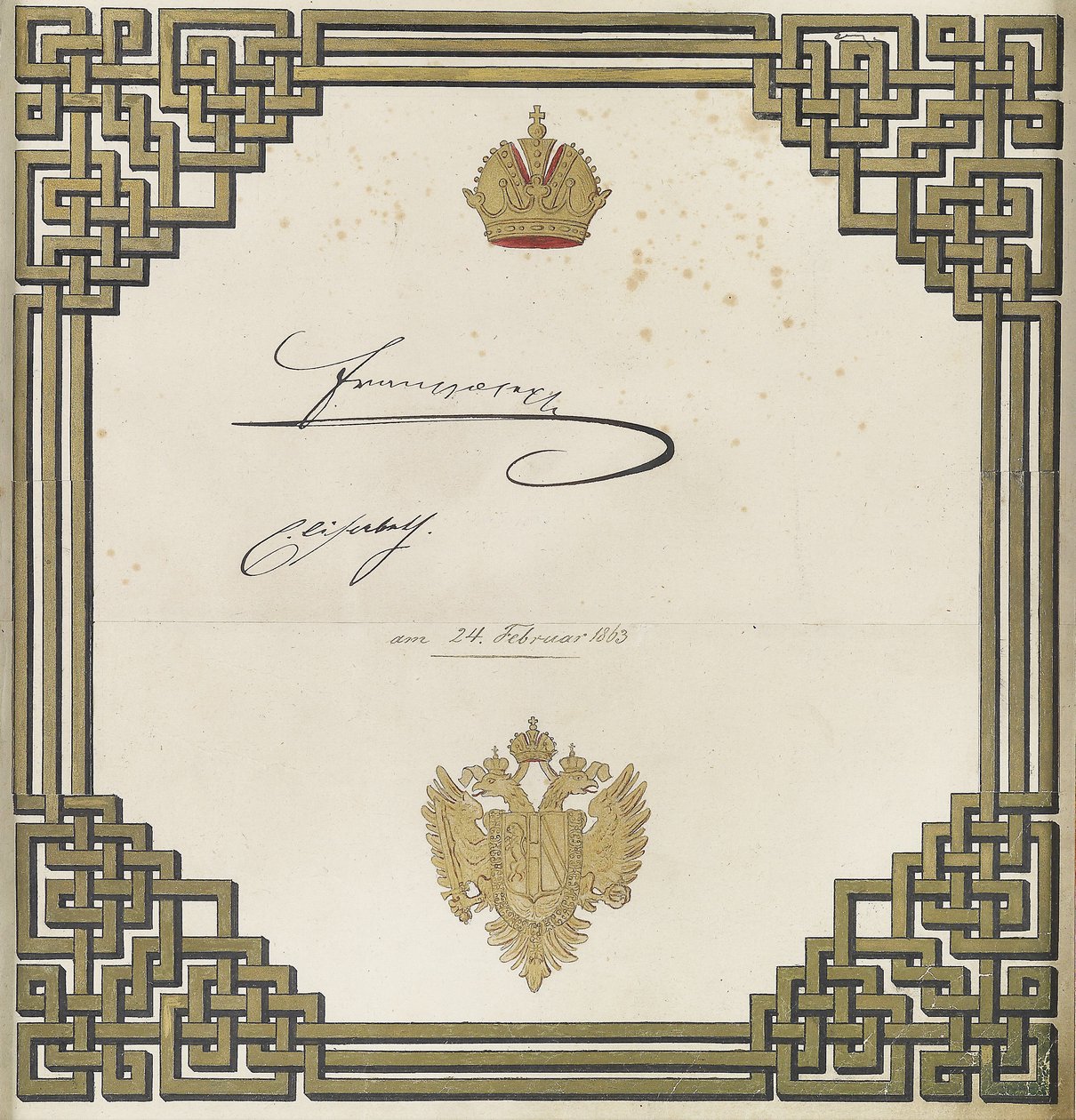 Dekorativt blad med underskrifter fra kejser Franz Joseph I og kejserinde Elisabeth af Unbekannt Unbekannt