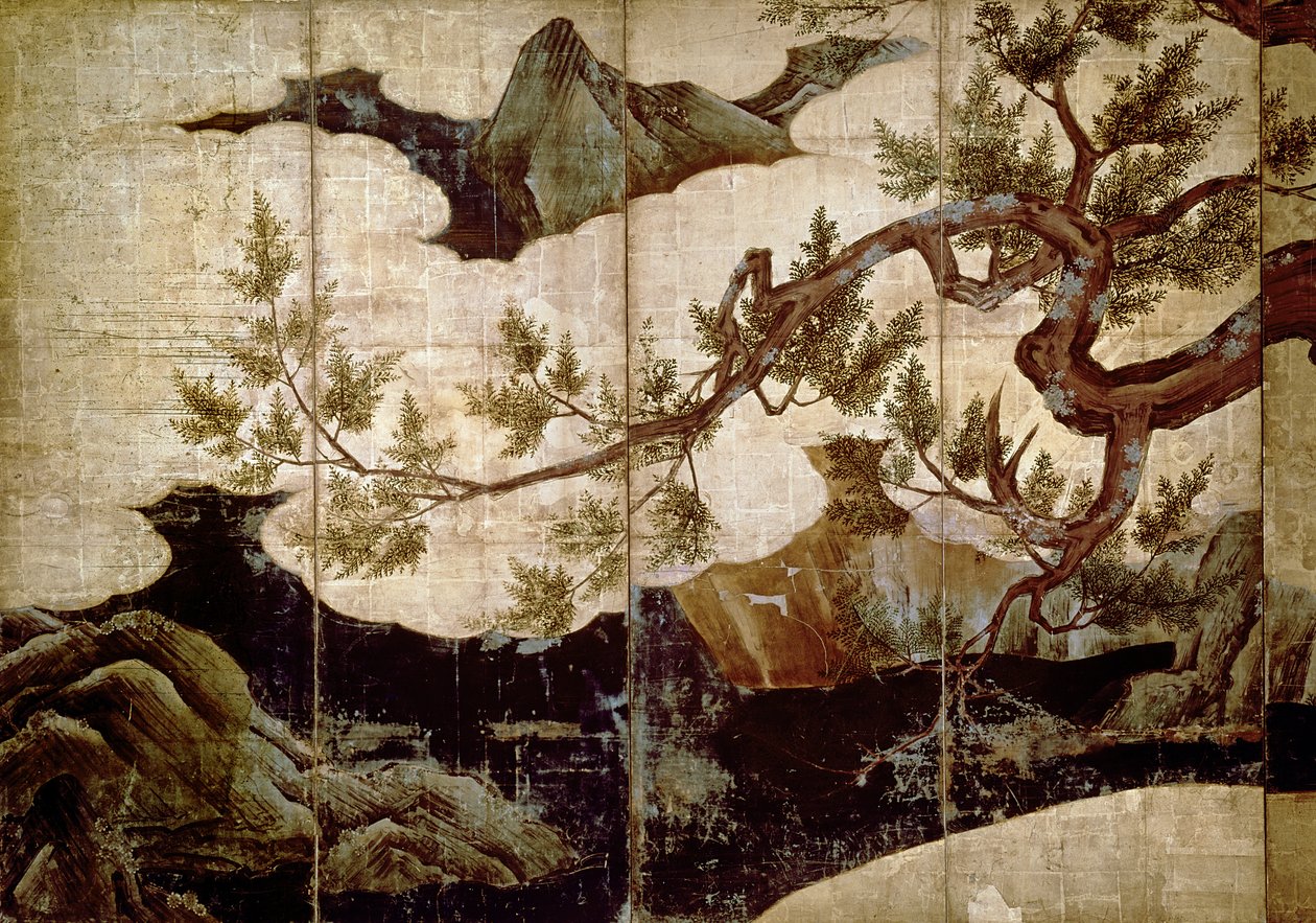 Cypres af Kano Eitoku, Muromanchi-perioden (1368-1573) (fra en otte-foldet skærm, farve på bladguld papir) af Unbekannt Unbekannt