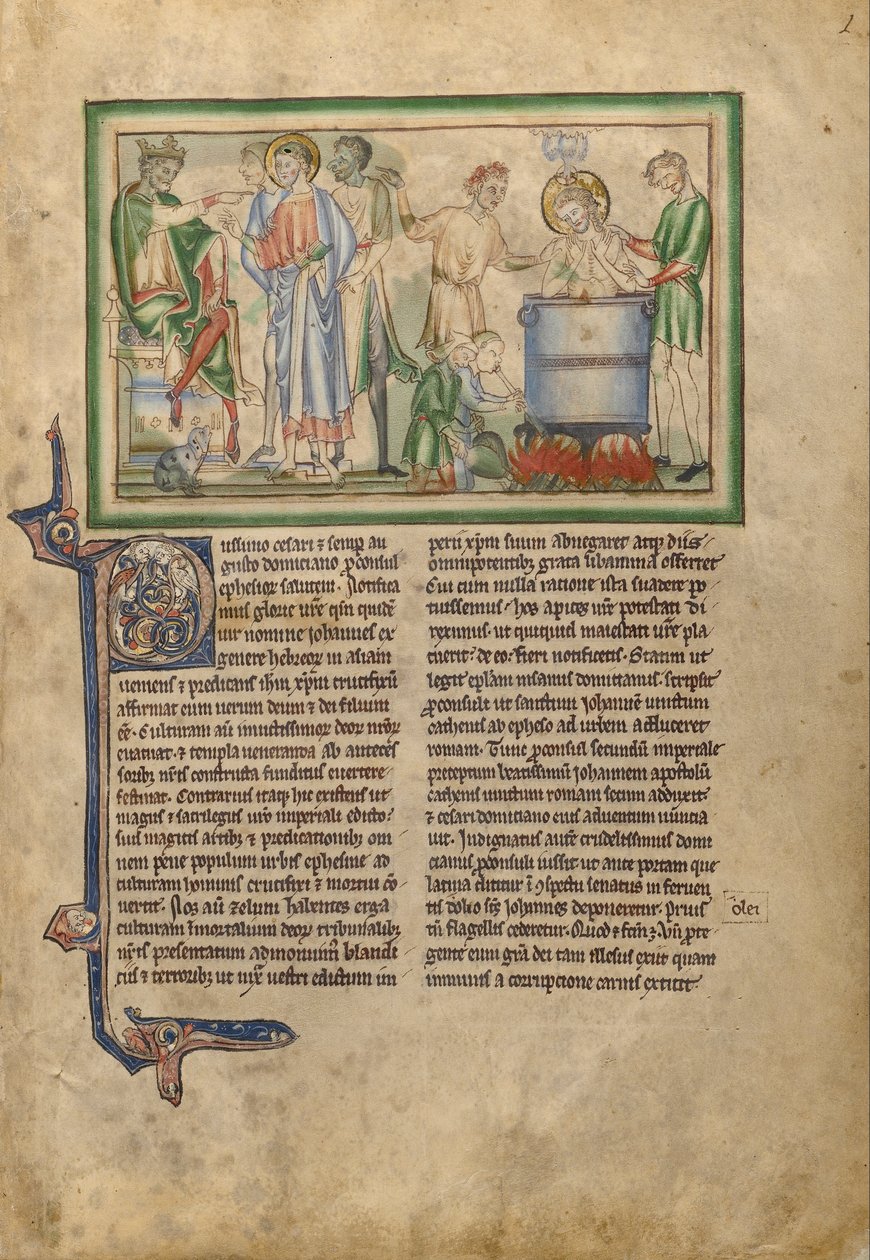 Kejser Domitianus taler til den hellige Johannes Evangelisten og den hellige Johannes Evangelisten i en Vat af Boi ... af Unbekannt Unbekannt