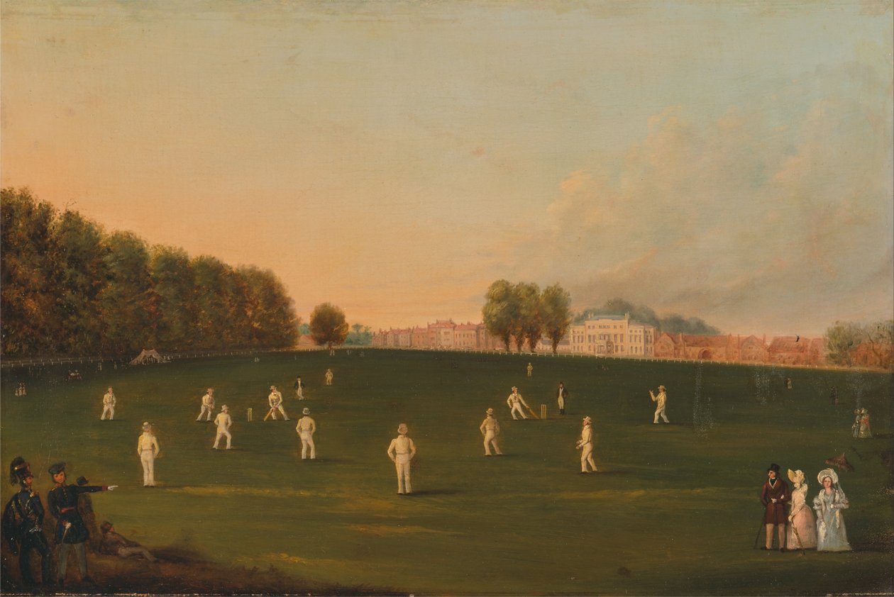 Første Grand Cricket Match spillet af medlemmer af Royal Amateur Society på Hampton Court Green, ... af Unbekannt Unbekannt