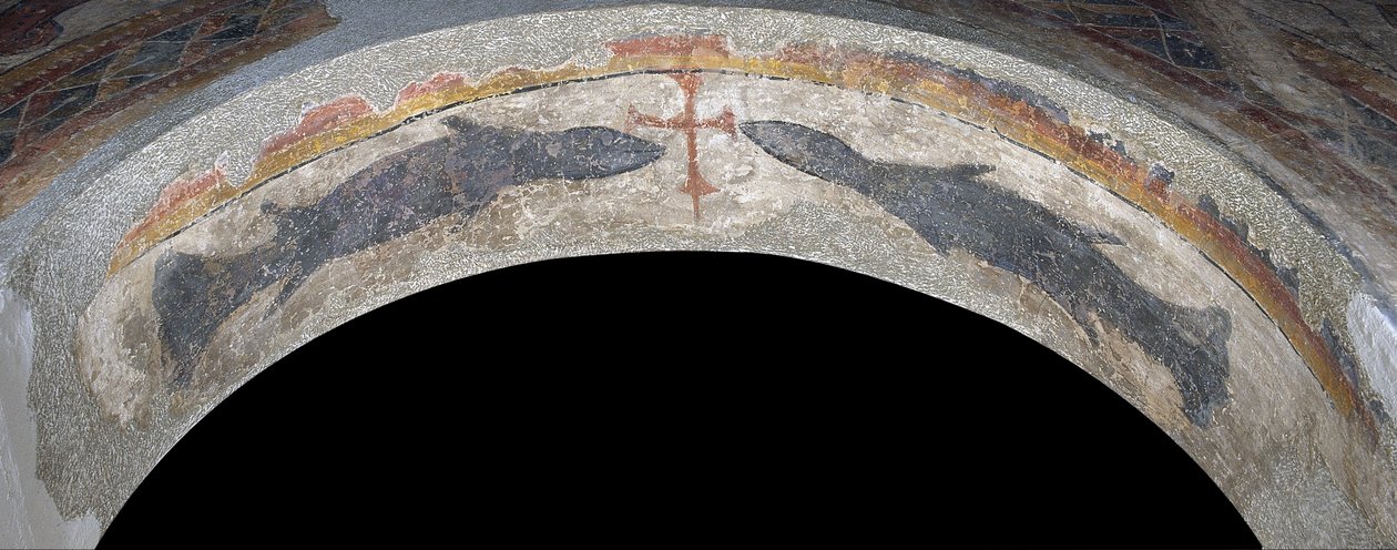 Fisk, der flankerer et kors fra Santa Maria de Taüll af Unbekannt Unbekannt