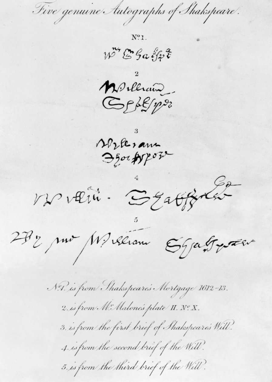 Fem ægte autografer af William Shakespeare (1564-1616) af Unbekannt Unbekannt
