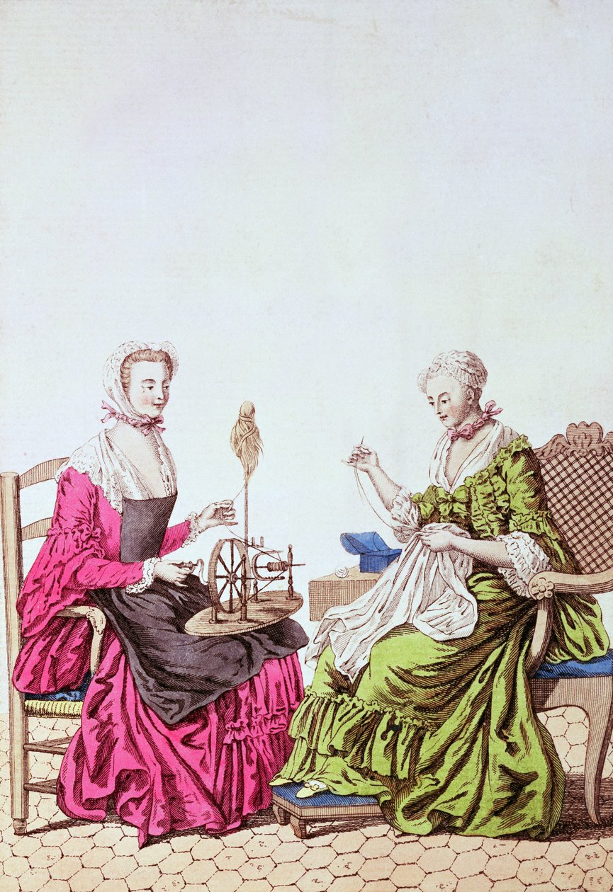 Damer, spinder og syr, ca. 1765 (farvegravering) af Unbekannt Unbekannt