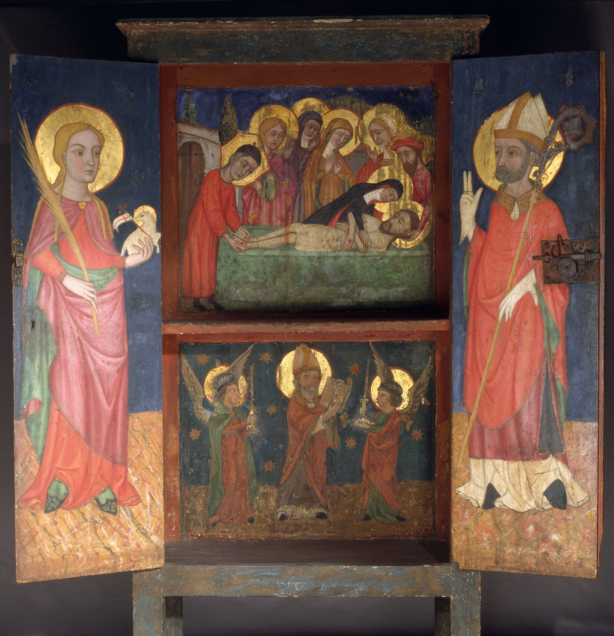 Liturgisk skab med den hellige begravelse, Saint Agnes og en biskop Saint af Unbekannt Unbekannt