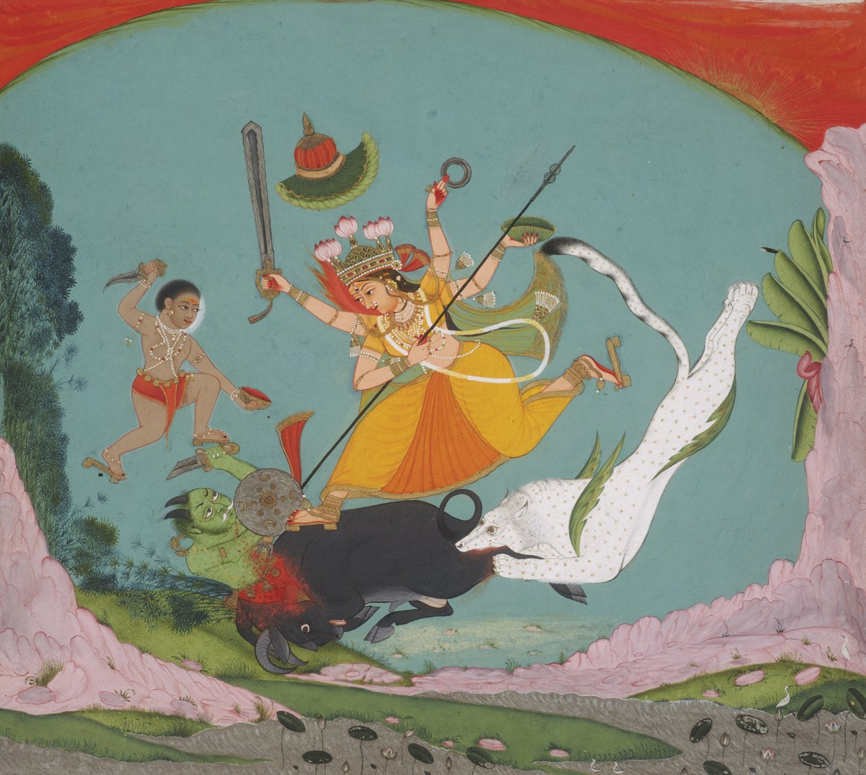 Maker ukendt, Indien - Den store gudinde Durga dræber bøffeldæmonen (Mahishasuramardini) af Unbekannt Unbekannt