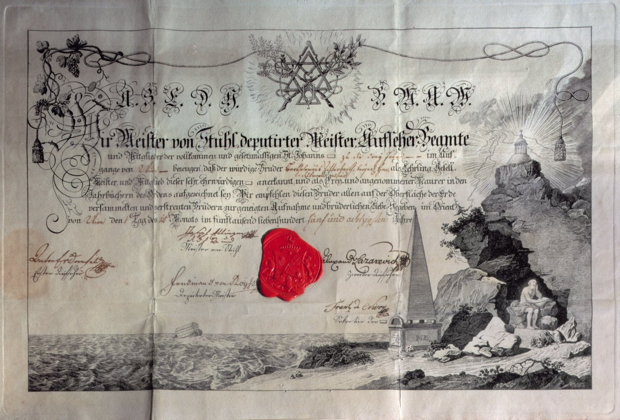 Frimurercertifikat, 1785 (kobberstik og segl) af Unbekannt Unbekannt