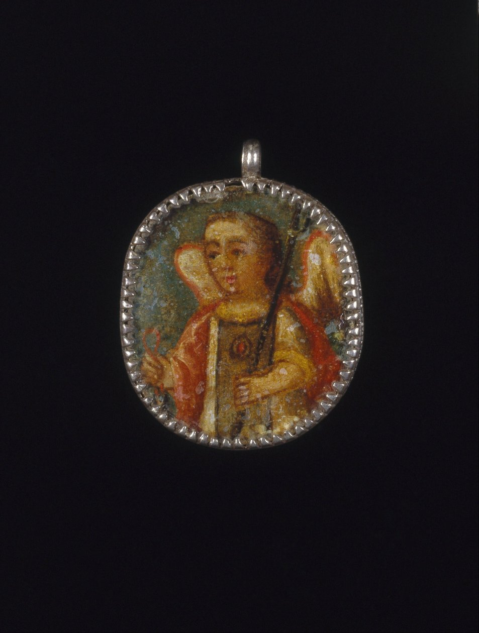 Malet medaljon i Locket Frame, Recto- Angel, Verso- Saint Barbara med attributter af et slot til ... af Unbekannt Unbekannt
