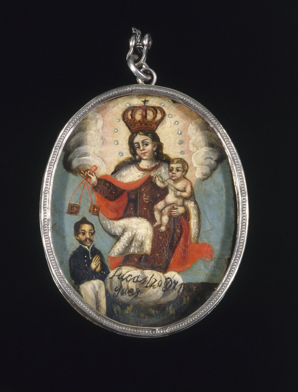 Malet medaljon i Locket FrameRecto- Our Lady of Mount Carmel med mandlig donorfigurVerso- Archan ... af Unbekannt Unbekannt