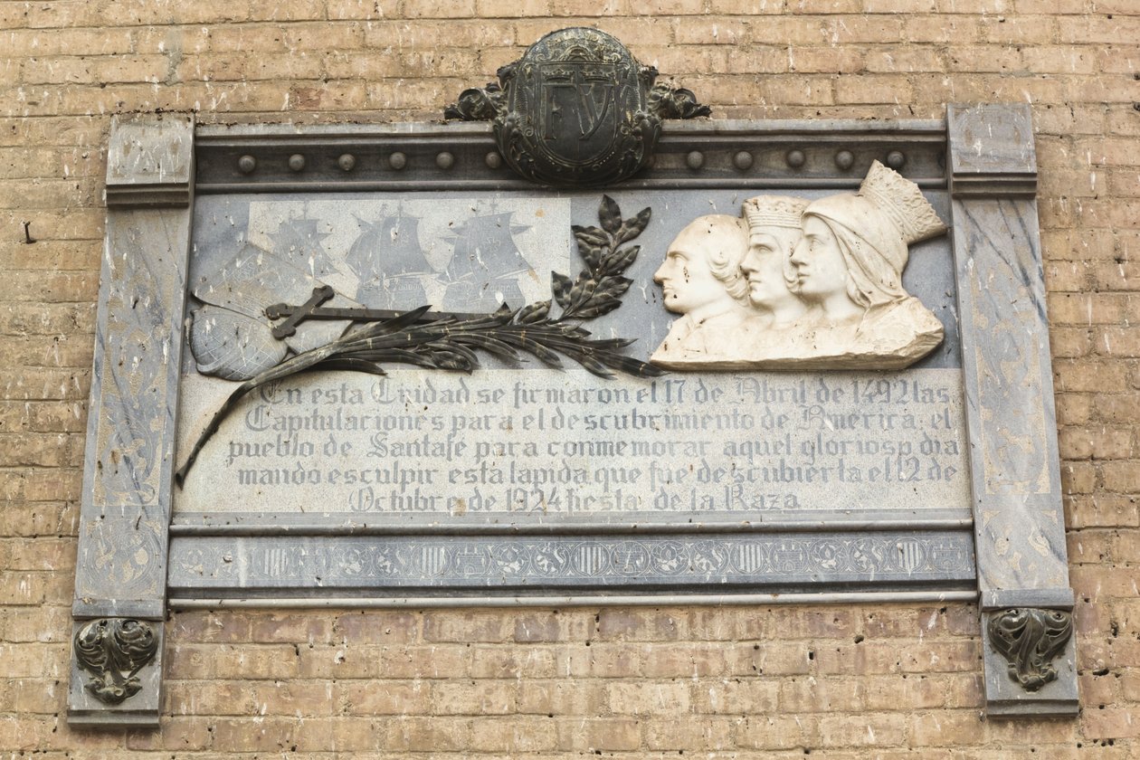 Plade til minde om underskrivelsen af en kontrakt mellem de katolske monarker og Christopher Columbus den 17. april 1492, hvilket resulterede i den europæiske opdagelse af den nye verden af Unbekannt Unbekannt