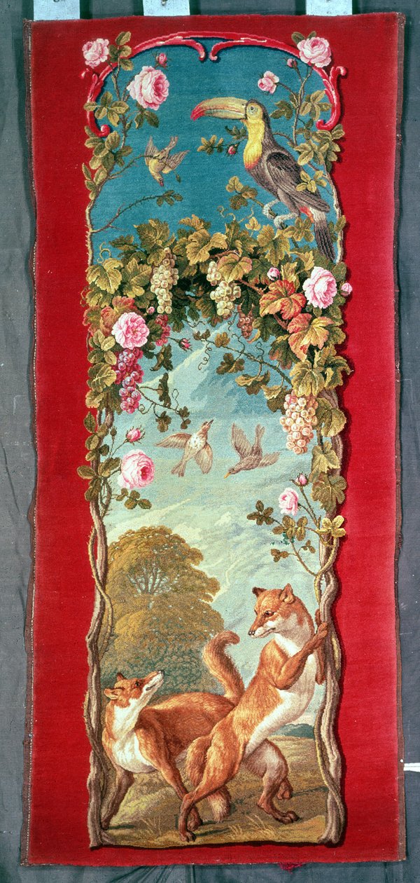 Skærmpanel, der afbilder Aesops fabel The Fox and the Grapes, Savonnerie-tapet, midten af 1700-tallet af Unbekannt Unbekannt
