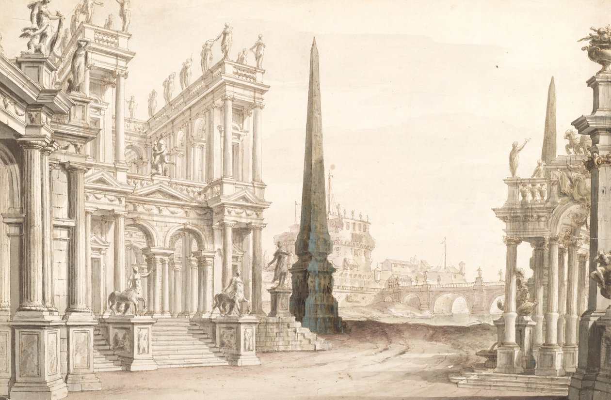 Set -design, der viser Fantasy of Rome med Castel Sant Angelo, Ponte Elio og Centaurs Ari ... af Unbekannt Unbekannt