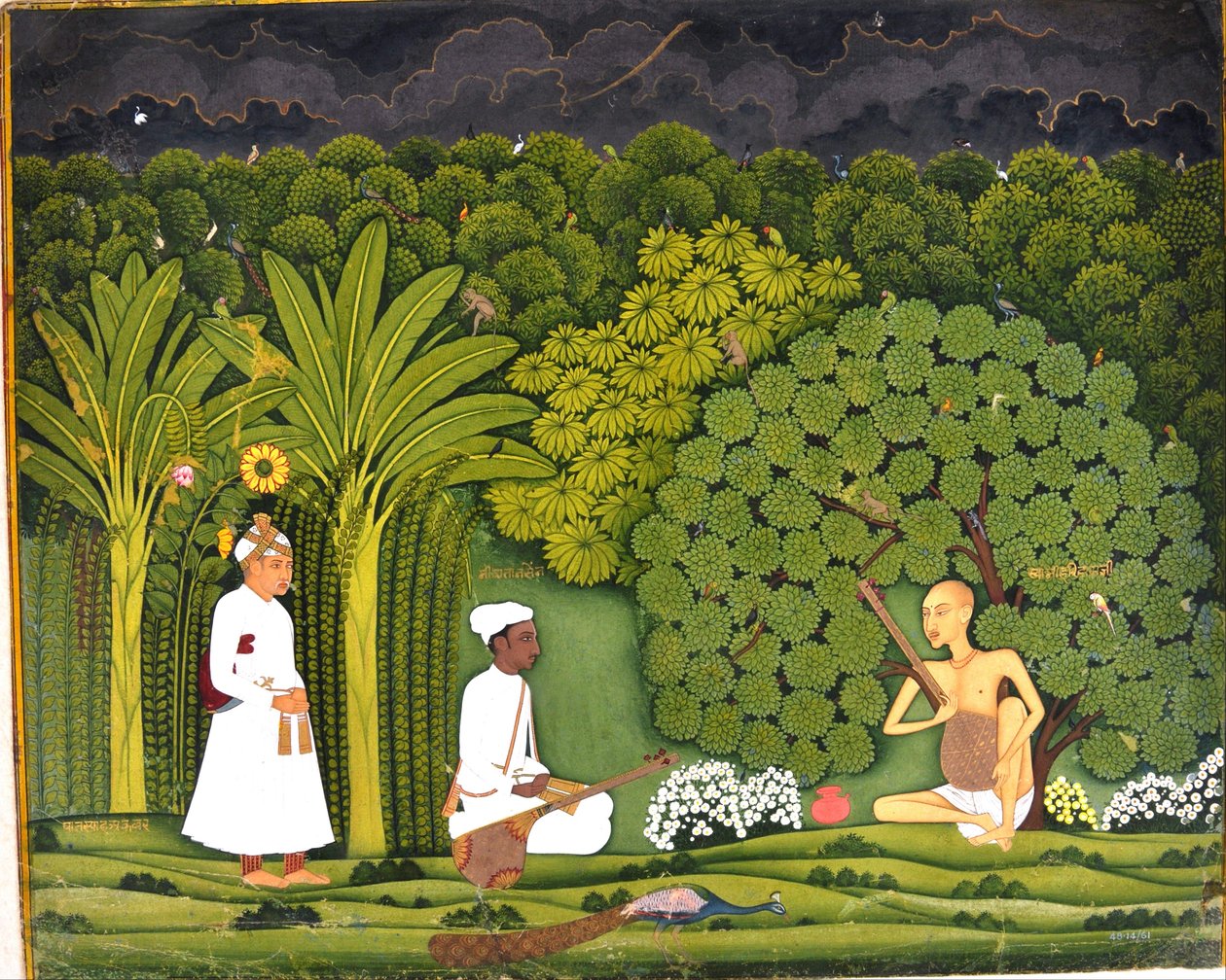 Swami Haridas med Tansen og Akbar på Vrindavan af Unbekannt Unbekannt