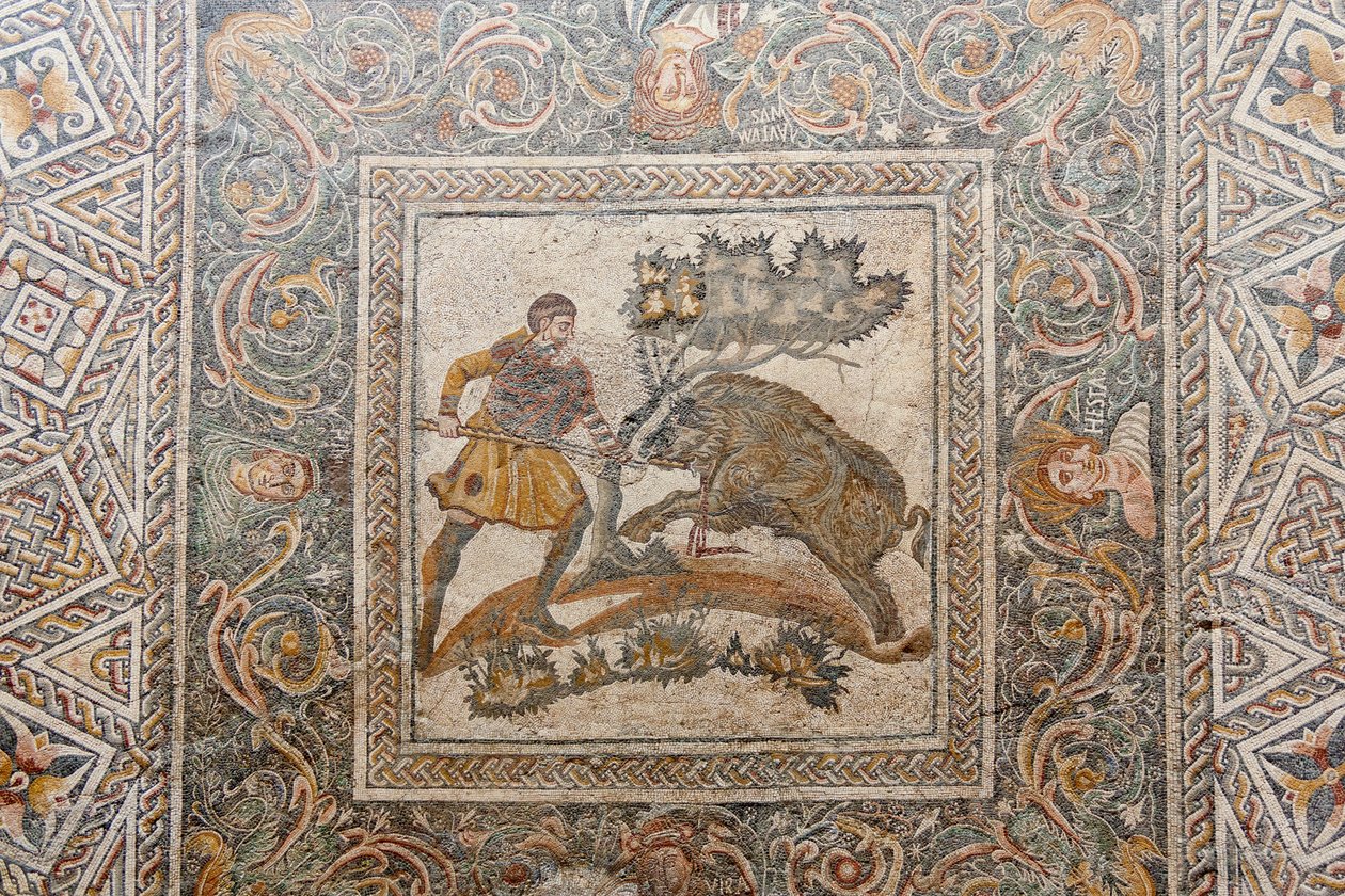 Boar Hunt -mosaikken af Unbekannt Unbekannt