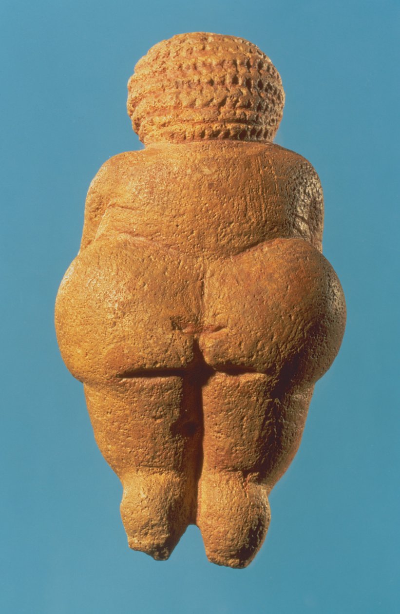 Venus fra Willendorf, set bagfra af kvindefigur, gravettisk kultur, øvre palæolitiske periode, ca. 30000-18000 f.Kr. (oolitisk kalksten farvet med rød okker) (se også 54145 og 93777) af Unbekannt Unbekannt