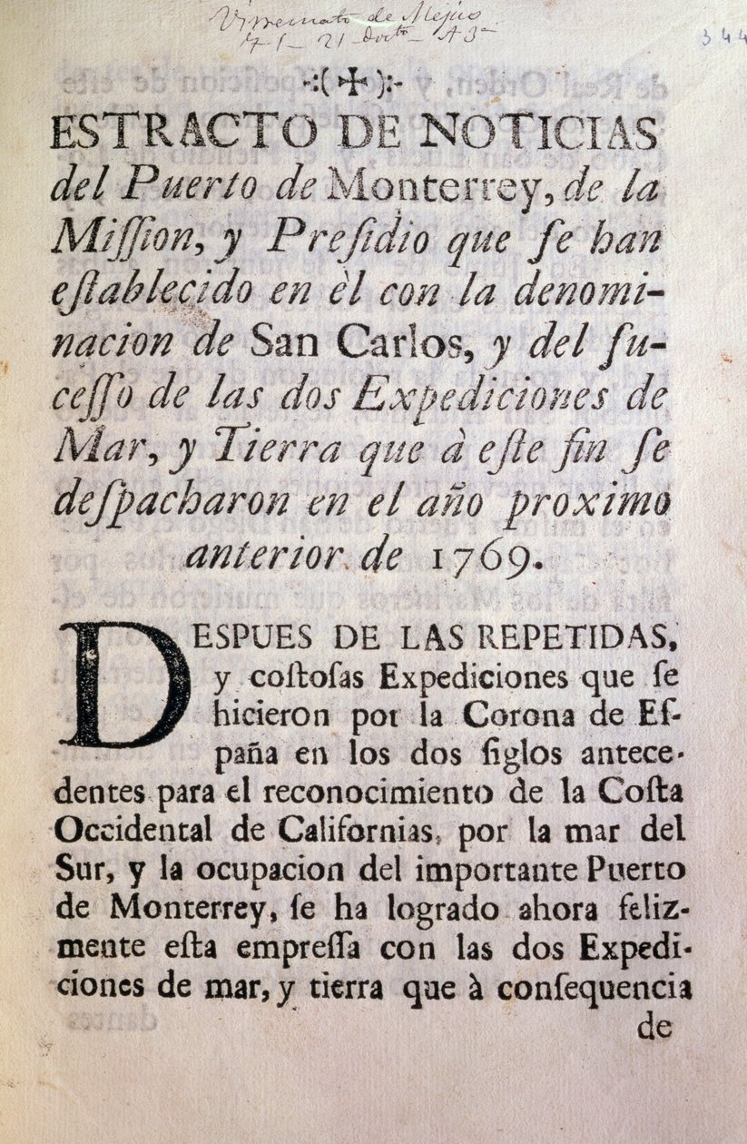 Den første side af den officielle beretning om Portola-ekspeditionen 1769-70 (trykt papir) af Unbekannt Unbekannt