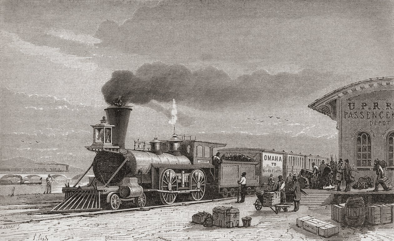 Jernbanestationen i Omaha, Nebraska, udgangspunktet for Pacific Railroad, som den var i 1867, illustration fra 