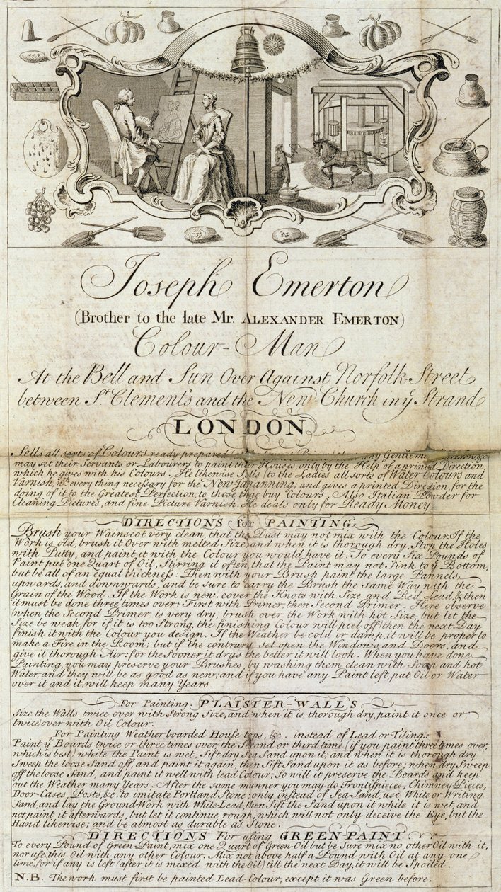 Handelsblad for Joseph Emerton, Color Man. reklameforsyninger af materialer til malere og kunstnere, ca. 1744 (trykt papir) af Unbekannt Unbekannt