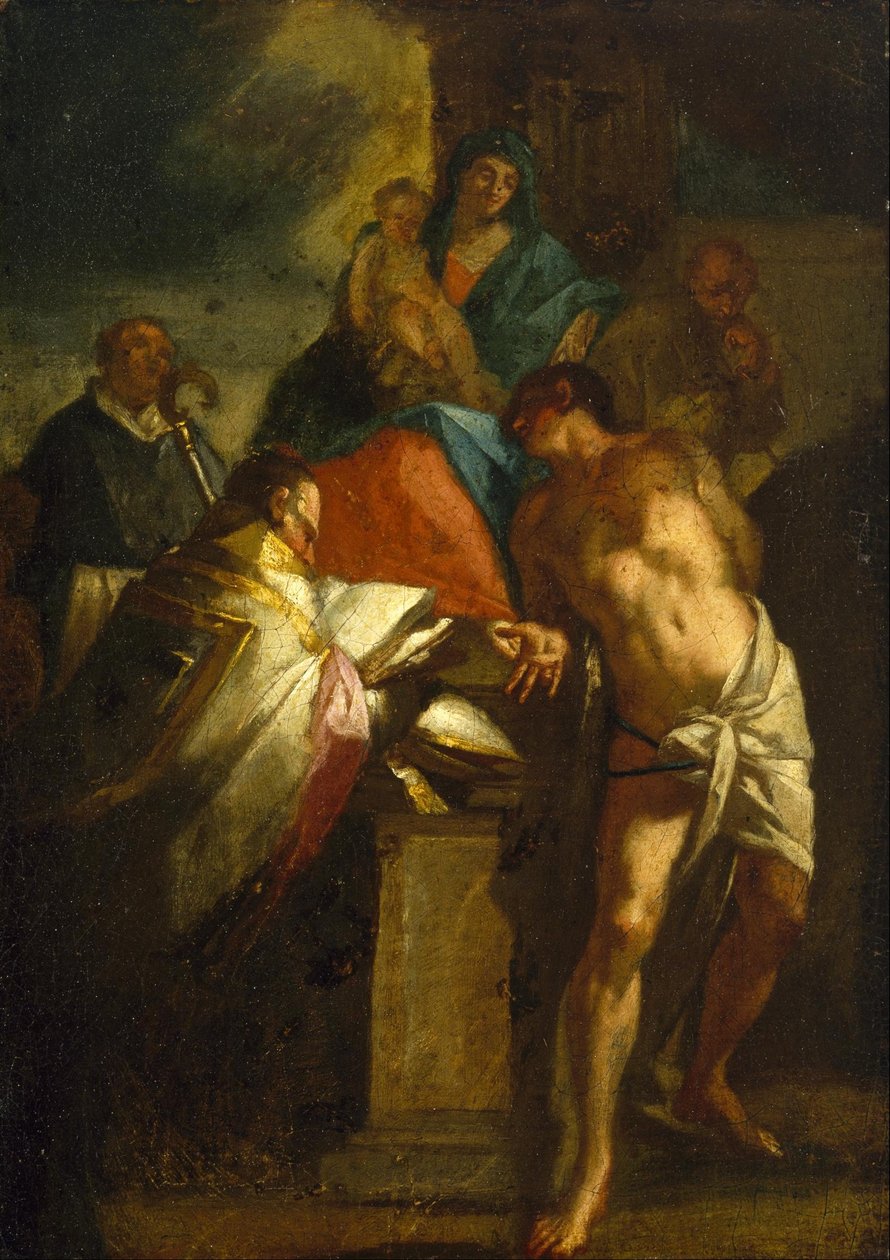 Ukendt italiensk - Jomfru og barn med Saint Sebastian og en biskop Saint af Unbekannt Unbekannt