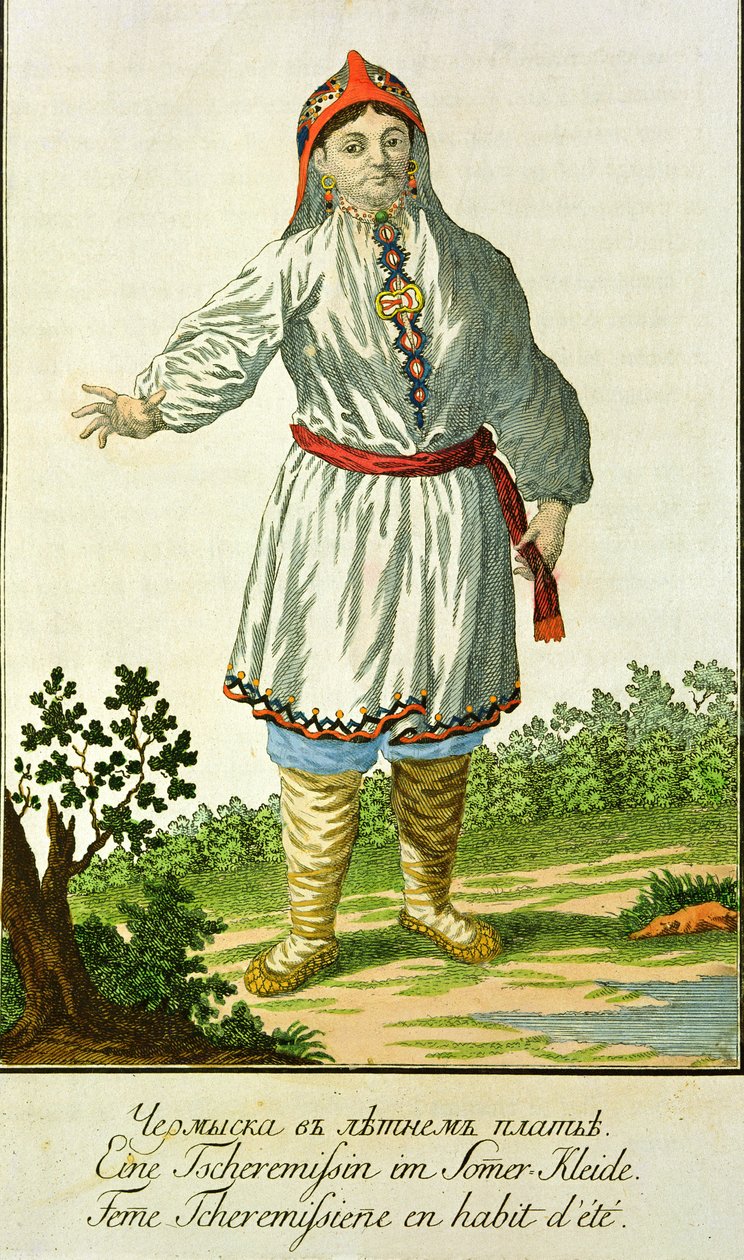 Kvindelig bondes sommerdragt, Cheremes-stammen, russisk, 1700-tallet af Unbekannt Unbekannt