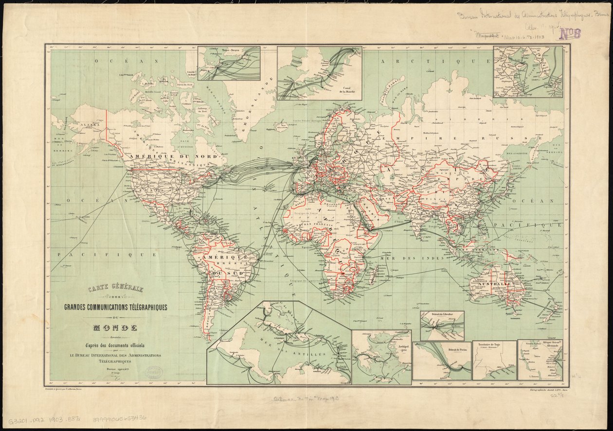Verdenskort over telegraflinjer udgivet af International Telegraph Bureau, 1901    Målestok: [ca. 1:70.000.000] af Unbekannt Unbekannt