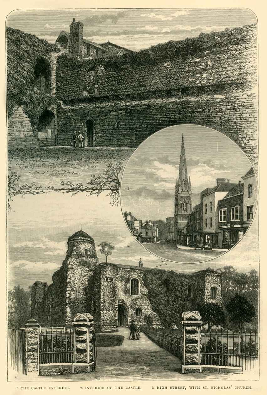 1. Slottets ydre. 2. Slottets indre. 3. High Street, med St. Nicholas Church, 1898 af Unbekannt