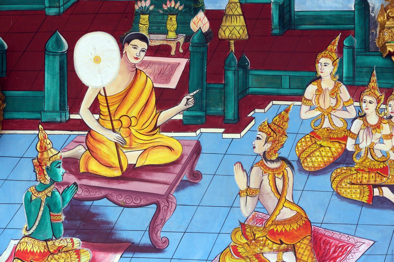 20151029, Vientiane, Laos: Wat Inpeng buddhisttempel. Maleri, der skildrer Shakyamuni Buddhas livshistorie af Unbekannt