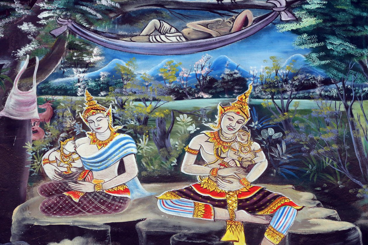 20151029, Vientiane, Laos: Wat Inpeng buddhisttempel. Maleri, der skildrer Shakyamuni Buddhas livshistorie af Unbekannt