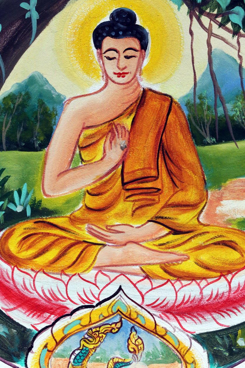 20151029, Vientiane, Laos: Wat Inpeng buddhisttempel. Maleri, der skildrer Shakyamuni Buddhas livshistorie. The Teaching Buddha skildrer et bestemt øjeblik i Buddhas liv, nemlig den første prædiken Buddha holdt efter at have nået oplysningen af Unbekannt