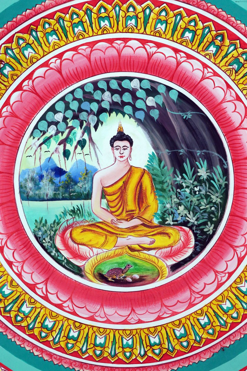 20151029, Vientiane, Laos: Wat Inpeng buddhisttempel. Maleri, der skildrer Shakyamuni Buddhas livshistorie. Buddha sidder i meditationsstilling af Unbekannt