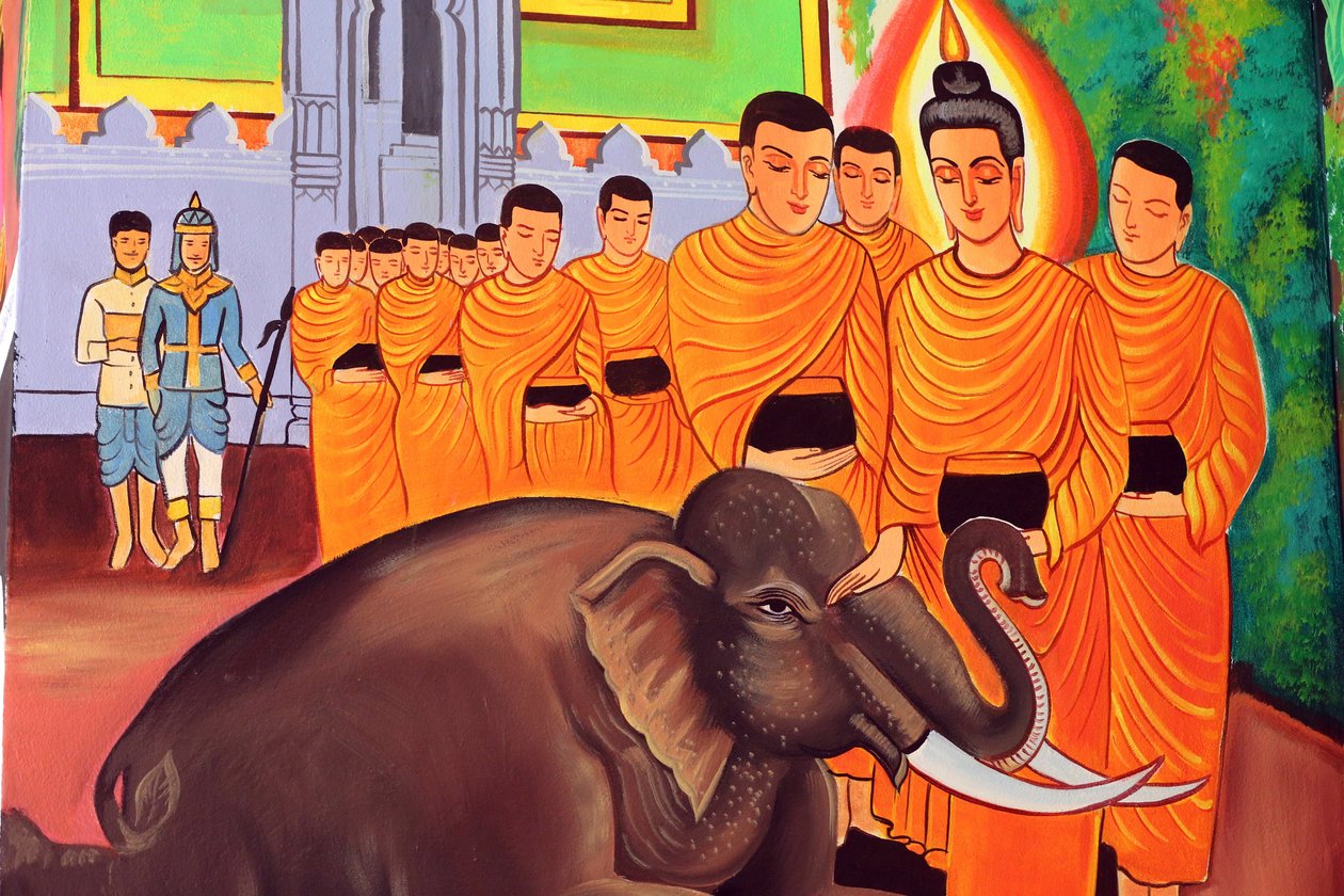 20151029, Vientiane, Laos: Wat Si Muang (Simuong) buddhisttempel. Maleri, der skildrer Shakyamuni Buddhas livshistorie. En vild elefant tæmmet af kærlig venlighed af Unbekannt