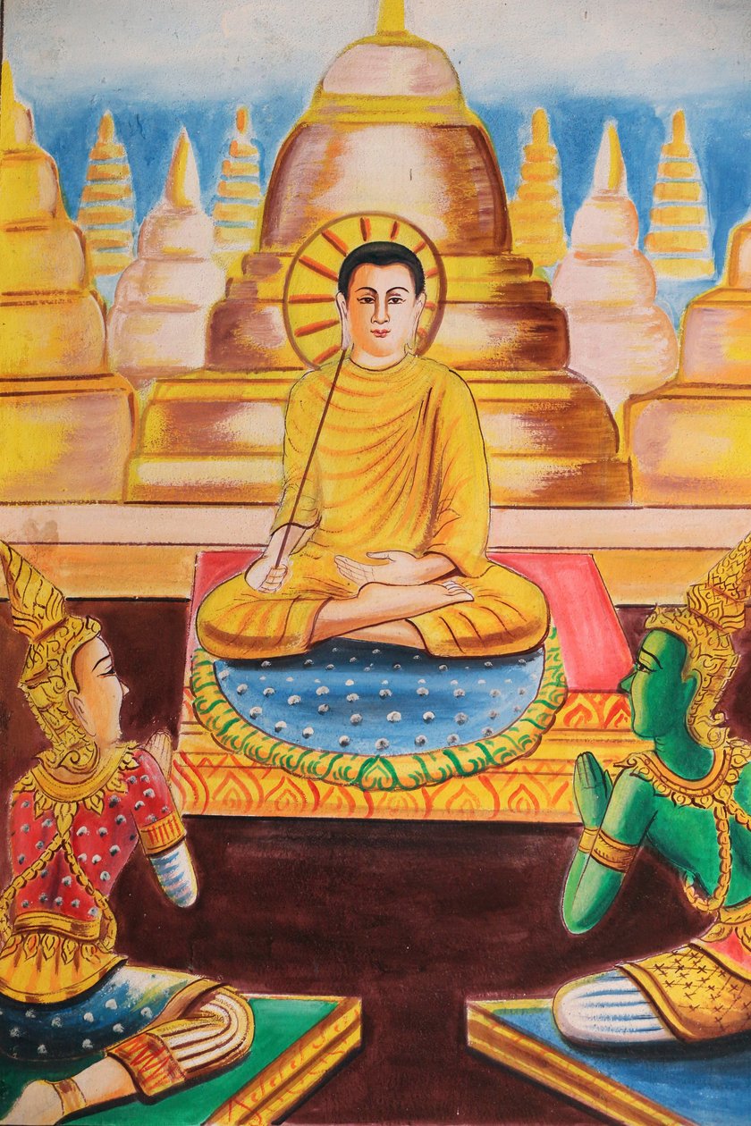 20151102, Vang Vieng, Laos: Maleri, der skildrer Shakyamuni Buddhas livshistorie. Buddha viede sig til undervisning og tiltrak hundredvis af tilhængere af Unbekannt