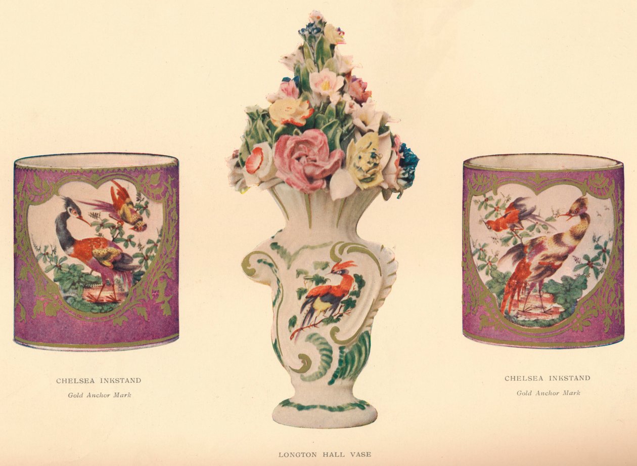 2 Chelsea blækstande og en Longton Hall Vase, c1755 af Unbekannt