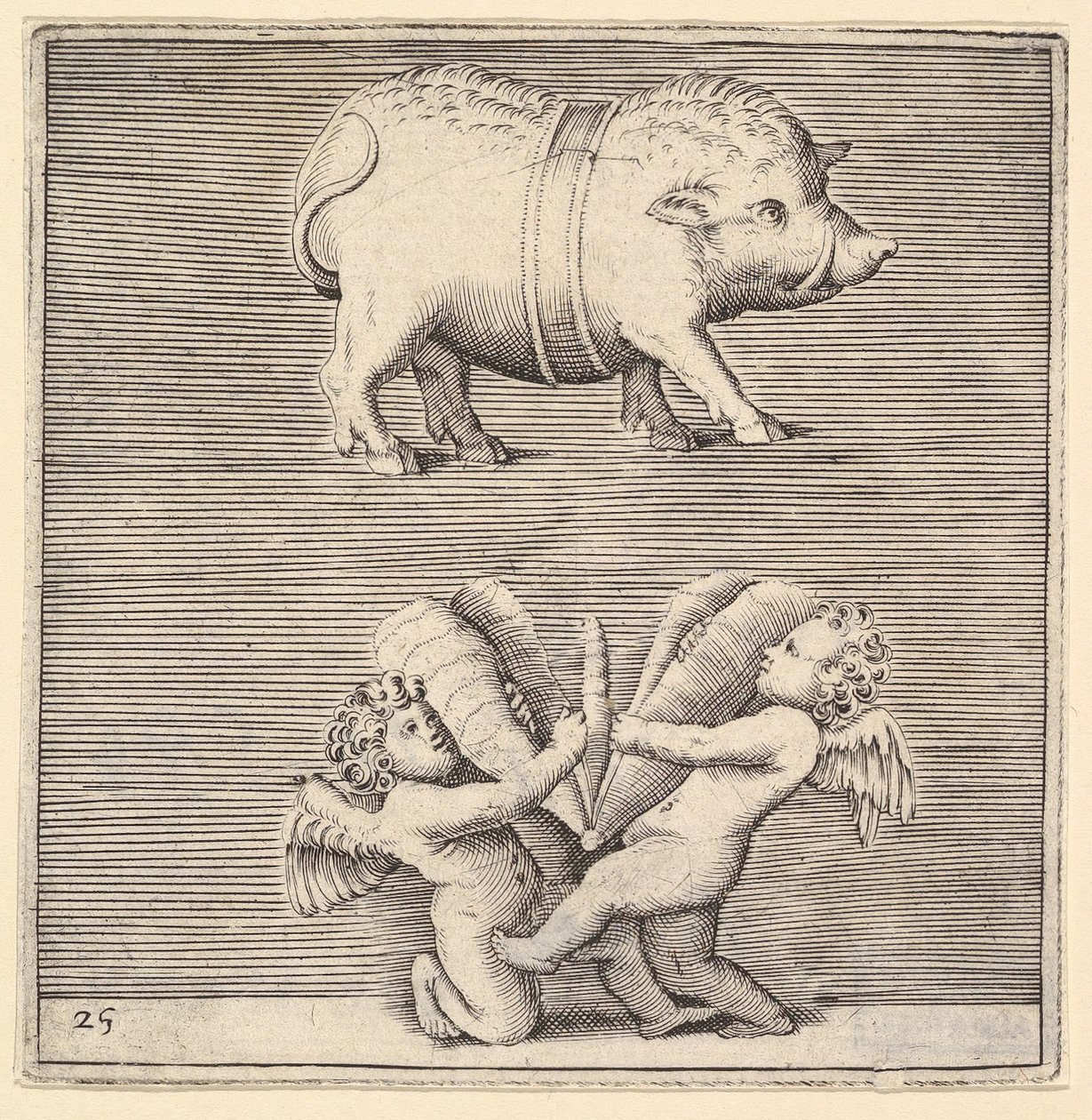 En bæltegris og to amoriner eller genier med en sommerfugl eller møl, udgivet ca. 1599-1622. af Unbekannt