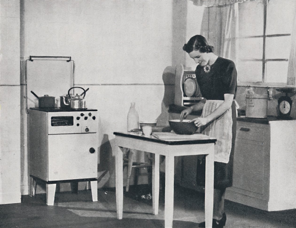 Et britisk køkken udstyret med et skabsgaskomfur, 1942. af Unbekannt