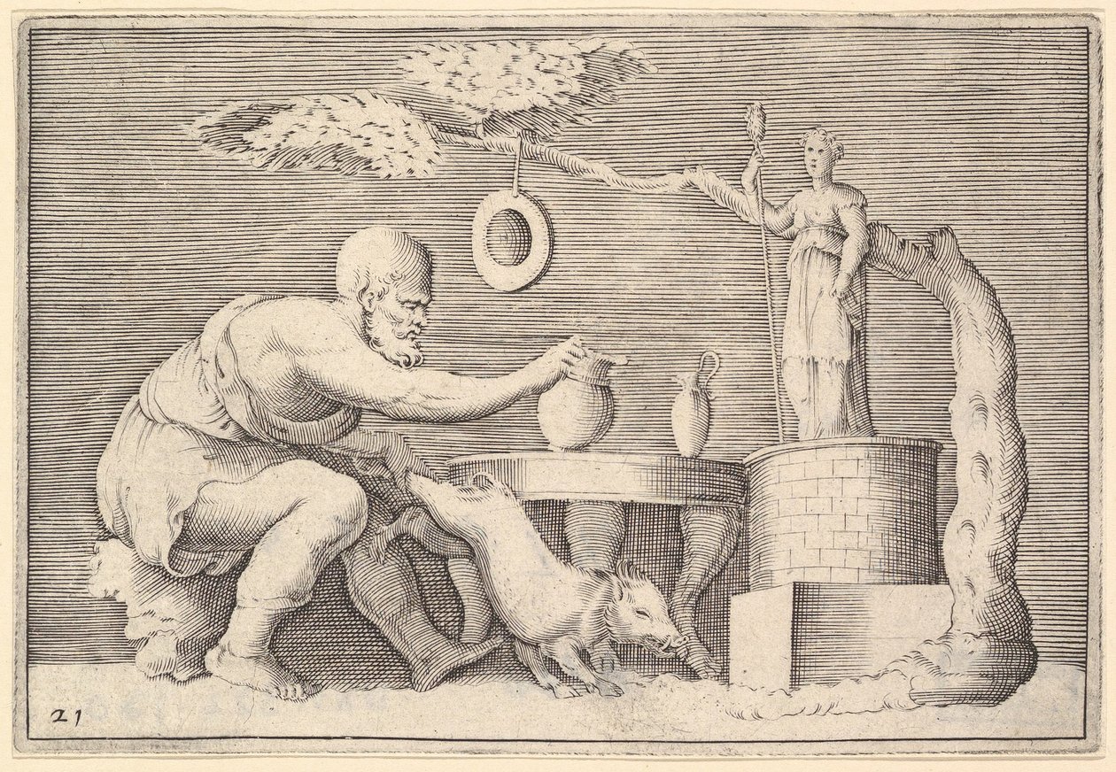 En faun eller satyr, der forbereder en gris til ofring, udgivet ca. 1599-1622. af Unbekannt