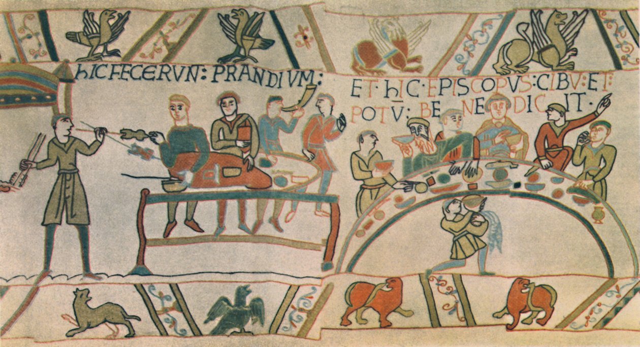 En fest. Detalje fra Bayeux-tapetet, slutningen af det 11. århundrede, 1944. af Unbekannt