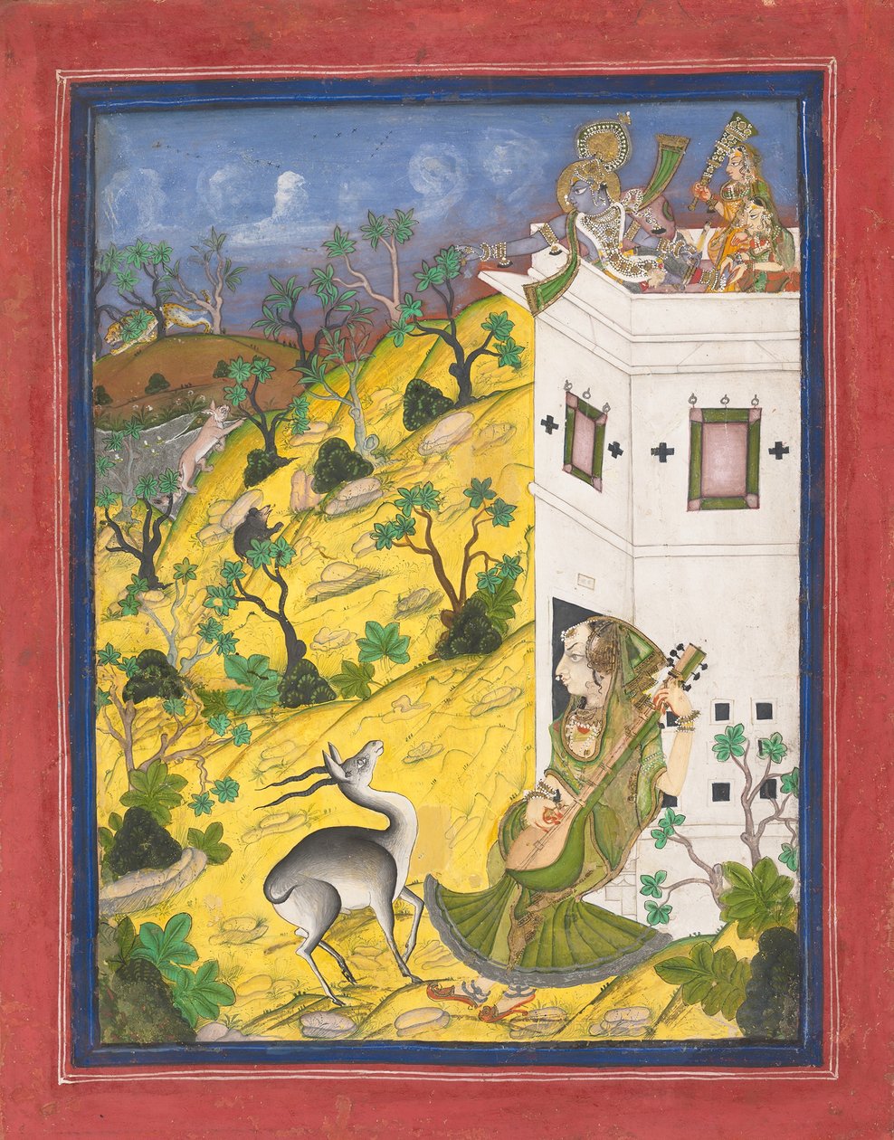 En kvindelig musiker charmerer en antilope, ca. 1825. af Unbekannt