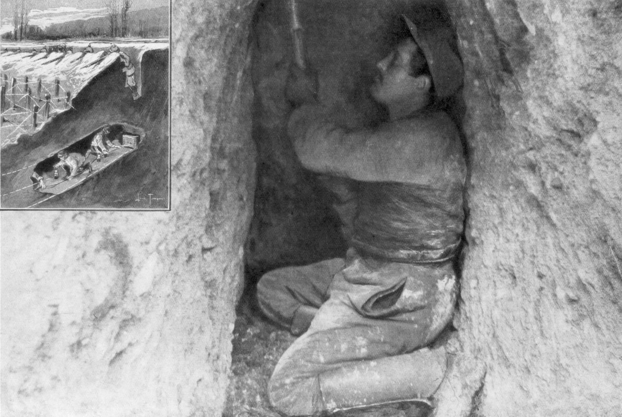 En fransk sapper graver en tunnel for at placere en mine under fjendens linjer, Frankrig, 1915 af Unbekannt
