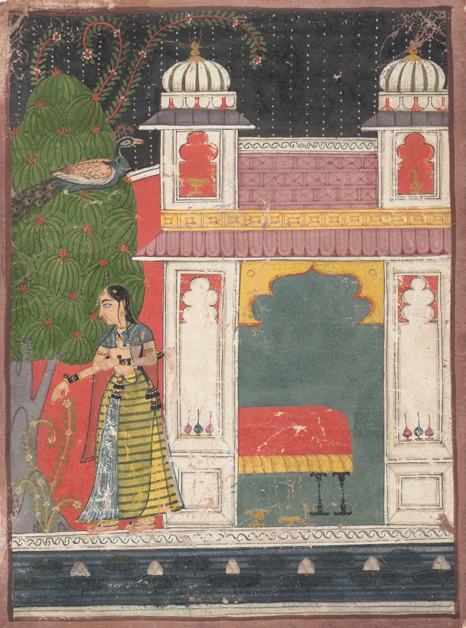 En heltinde plukker en blomst: Side fra en spredt Nayika Bheda, ca. 1660-80. af Unbekannt