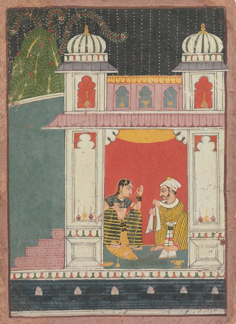 En heltinde og hendes elsker i en pavillon: Side fra en spredt Nayikabheda, ca. 1660-80. af Unbekannt