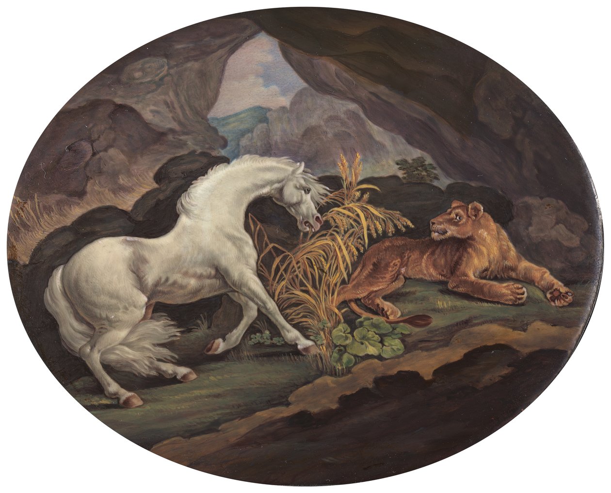 En hest skræmt af en løvinde, ca. 1800. af Unbekannt