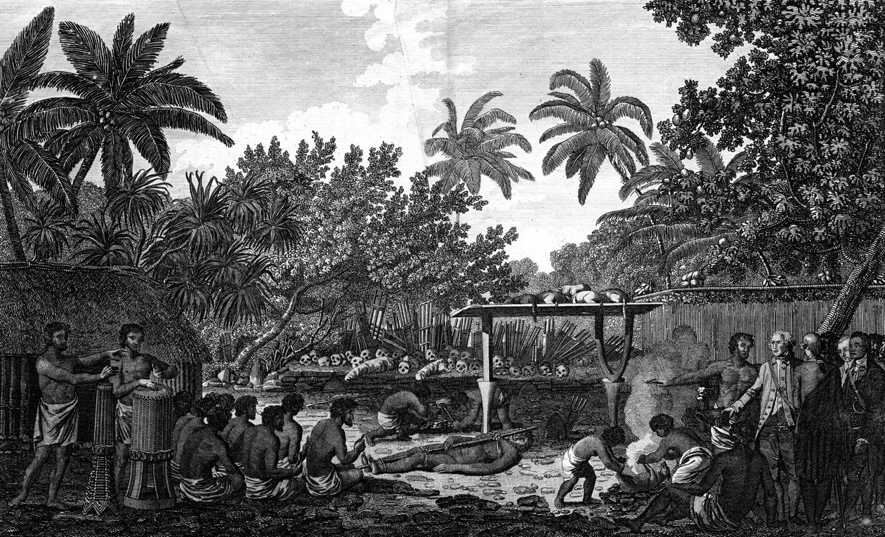 Et menneskeofring i en Morai, i Otaheite, i nærværelse af kaptajn Cook, c1773 af Unbekannt