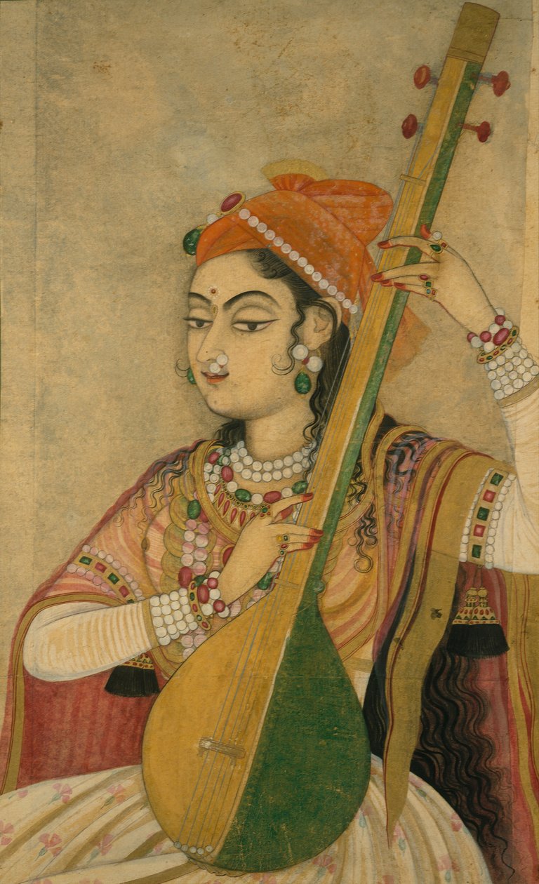 En dame, der spiller Tanpura, ca. 1735. af Unbekannt