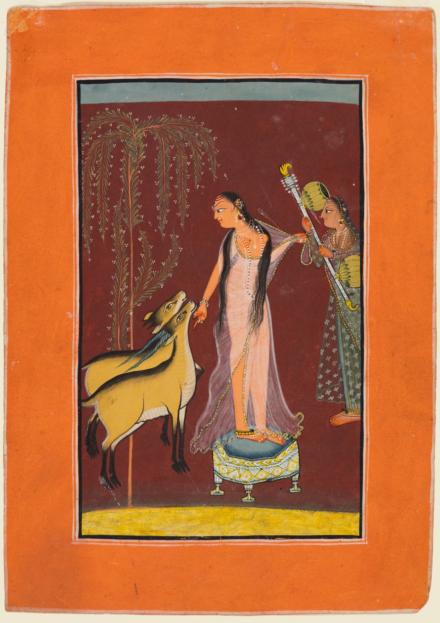 En dame med ledsager og et par hjorte, sandsynligvis Gujari Ragini fra Dipak, fra en Pahari Ragamala, 1 af Unbekannt
