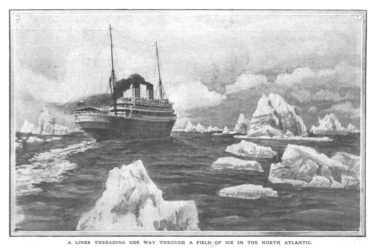 En liner, der trænger sig vej gennem et isfelt i Nordatlanten, 20. april 1912. af Unbekannt