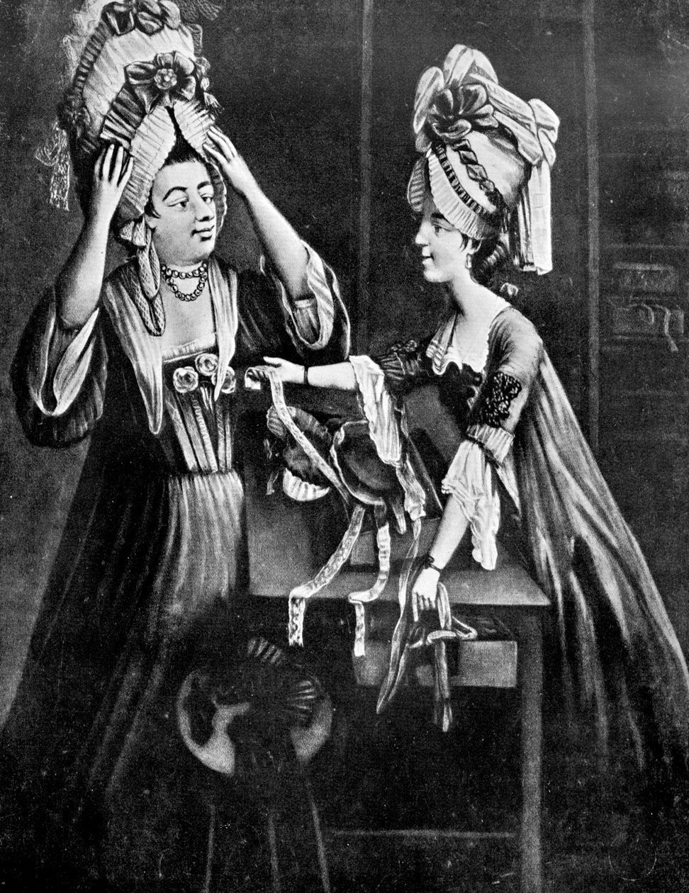 A Milliners Shop, Mrs Monopolise, slagterkonen, køber en moderne hovedkjole, 1772 af Unbekannt
