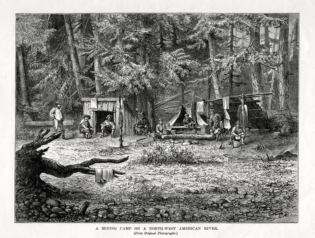 En minelejr ved en nordvestamerikansk flod, 1877 af Unbekannt