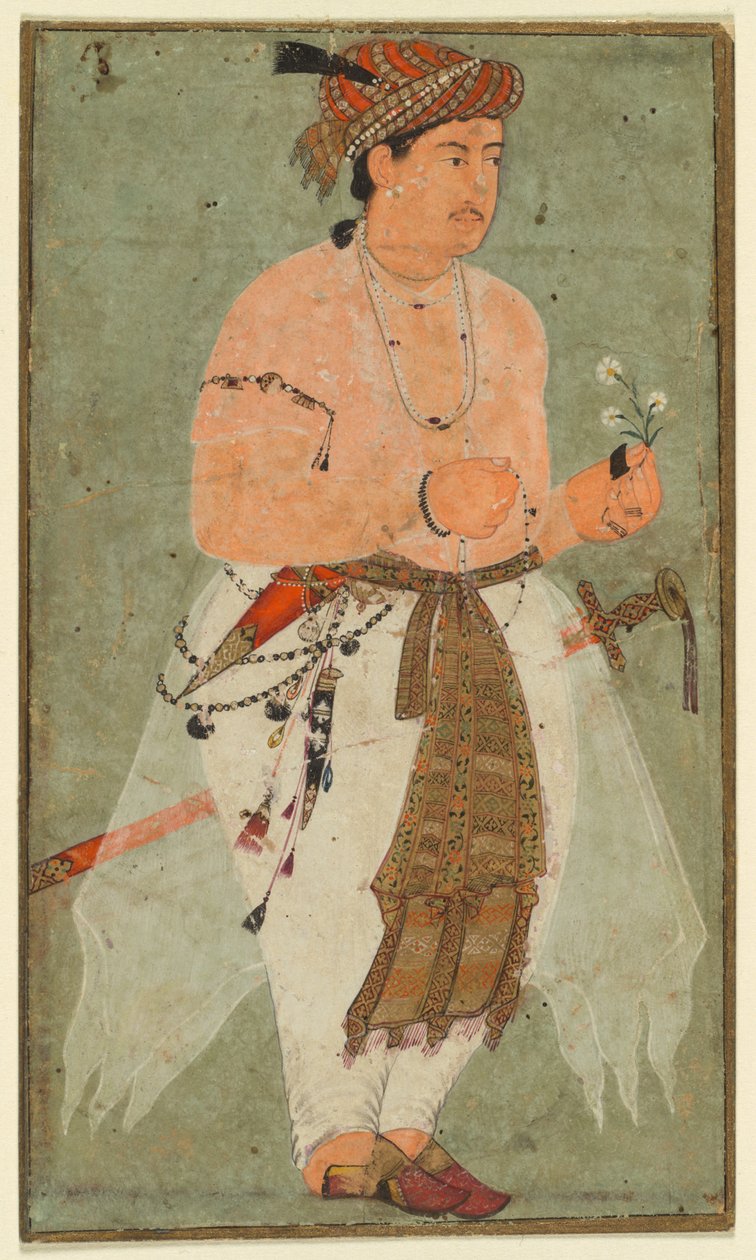 En mogulprins, måske Danyal, holder en kvist blomster, ca. 1580-1590. af Unbekannt